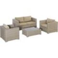 Outsunny - 4-tlg. Polyrattan Gartenmöbel Set Gartengarnitur Garten-Set Sitzgruppe Loungeset Loungemöbel mit Couchtisch Sitzkissen Khaki+Beige