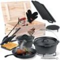 KESSER® Dutch Oven Set in Holzkiste mit Dutch Oven Mit viel Zubehör - Gusseisen - bereits eingebrannt mit Kochtopf Grillplatte Pfanne Deckelheber Inkl. Rezeptbuch Handschuhe