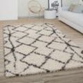 Hochflor Teppich Wohnzimmer Shaggy Langflor Modernes Boho Skandi Rauten Muster 120x170 cm, Creme Anthrazit 2 - Paco Home