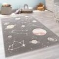 Kinder-Teppich, Spiel-Teppich Für Kinderzimmer Mit Planeten Und Sternen, In Grau 133 cm Quadrat - Paco Home