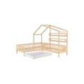 Kinderbett 90x200cm/140x70cm Hausbett mit Schubladen und Regalen, Massivholz Spielbett mit Zaun und Lattenrost, Natur - Merax