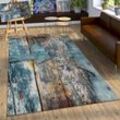 Designer Teppich Bunte Holz Optik Hoch Tief Optik In Türkis Gelb Blau Meliert 80x150 cm - Paco Home