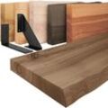 LAMO Manufaktur Wandregal Holz Baumkante Regal Farbe: Nussbaum mit schwarzem Basic Regalträger 40 cm