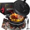 KESSER® Dutch Oven Set BBQ Feuertopf Schmortopf, Gusseisen Topf mit Deckelheber Henkel und Schlitz für Themormeter, kochkessel Grilltopf Gulaschkessel für Oudoor & Indoor