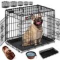 LOVPET® Hundekäfig klappbar Hundetransportkäfig Inkl. Fleecedecke + Napf Hundebox mit 2 Türen Transportkäfig Auto, Tiertransportbox Hundetransportbox mit Bodenschale