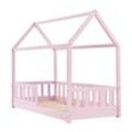 Juskys Kinderbett Marli 80 x 160 cm Rausfallschutz, Lattenrost & Dach Rosa Hausbett Holz