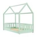 Juskys Kinderbett Marli 80 x 160 cm Rausfallschutz, Lattenrost & Dach Mint Hausbett Holz