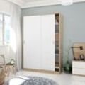 Garderobe Waterbury, Schlafzimmer Kleiderschrank mit 2 Schiebetüren, Schrank mit 3 Einlegeböden und Kleiderstange, cm 120x50h200, Eiche und Weiß