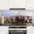 Spritzschutz Glas - New York Skyline bei Nacht - Panorama Quer Größe HxB: 40cm x 100cm