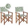 Gartenstühle 2er Set Dunkles Akazienholz mit Wechselbarem Bezug Cremeweiß / Grün Zusammenklappbar Blattmuster Outdoor Gartenzubehör