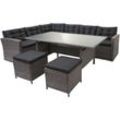 Neuwertig] Poly-Rattan-Garnitur HHG 471, Gartengarnitur Sitzgruppe Lounge-Esstisch-Set Sofa grau, Kissen grau + 2x Hocker