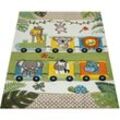 Paco Home - Kinderteppich Bunt Grün Zoo Tiere Lokomotive Zug Dschungel 3-D Effekt Kurzflor 120x170 cm