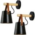 Wandleuchte aus Holz Innen, Moderne Wand Lampe mit Leder Lampenschirm, Eisen Wandbehang Lampe für Schlafzimmer Wohnzimmer Korridor Schwarz 2PCS