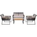 HHG - neuwertig] Garten-Garnitur 603, Gartenlounge Lounge-Set Sitzgruppe Sofa, Seilgeflecht Rope Holzoptik Stahl, Polster hellgrau