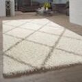 Teppich Wohnzimmer Hochflor Shaggy Skandi Design Mit Rauten Muster, Modern Beige ø 120 cm Rund - Paco Home