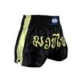 BAY-Sports Sporthose Muay Thai Kick Hose Shorts Thaiboxhose Thaiboxen MMA kurz Kickboxen (kurze Hose, traditionell schwarz gold) Modell Remy - aufgenähter Schriftzug, goldfarben|schwarz