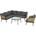 Gartenmöbel-Set, 5 tlg. Rattan Sitzgruppe mit Kissen, Sitzgarnitur mit 1 Couchtisch, 1 Ecksofa, 2 Zweisitzer, 1 Sessel, Balkonmöbel, für Garten,