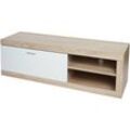 HHG - TV-Rack 489, TV-Board Fernsehtisch Lowboard TV-Schrank Kommode, Holz 43x140x41cm Staufach, Eiche-Optik, weiß