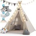 Spielwerk - Tipi Zelt für Kinder Indoor 130x130cm Set mit Bodenmatte Kinderzelt Lichterkette Girlande Kissen Spielzelt Baumwolle Holz Tragetasche weiß