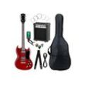 McGrey E-Gitarre McGrey Rockit E-Gitarre Double Cut-Komplettset Cherry Red, Double Cut, Komplettset 4/4, 8-St., inkl. Verstärker, Tasche, Stimmgerät, Plektren, Gurt und Kabel, 10 Watt (RMS) Gitarrenverstärker inklusive!, rot