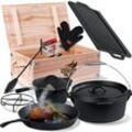 KESSER® Dutch Oven Set in Holzkiste mit Dutch Oven Mit viel Zubehör - Gusseisen - bereits eingebrannt mit Kochtopf Grillplatte Pfanne Deckelheber Inkl. Rezeptbuch Handschuhe