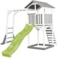 Beach Tower Spielturm aus Holz in Weiß & Grau Spielhaus für Kinder mit hellgrüner Rutsche, Klettergerüst und Sandkasten Stelzenhaus für den Garten