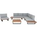 Garten-Garnitur mit Sessel HHG 469, Lounge-Set Sofa, Spun Poly Akazie Holz mvg Aluminium hellbraun, Polster hellgrau