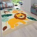 Teppich Kinderzimmer Kinderteppich Zootiere Rutschfest Beige Blau Grün 160 cm Rund - Paco Home