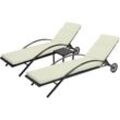 2er-Set Sonnenliege HHG-284, Relaxliege Gartenliege, Poly-Rattan schwarz, Kissen creme-beige