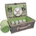 Picknickkorb-Set HHG 140 für 4 Personen, Weiden-Korb, Porzellan Edelstahl grau-grün - grey
