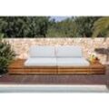 Garten-Garnitur MCW-L28, Lounge-Set Sitzgruppe Lounge-Sessel Sofa, Spun Poly Akazie Holz MVG ~ Polster hellgrau