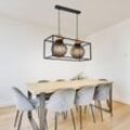 Pendelleuchte Industriell Hängeleuchte Esszimmer Rauchglas Pendellampe 2 flammig, Metall schwarz Holz natur, 2x E27 Fassungen, LxBxH 60x23x120cm