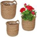 Relaxdays - Seegras Blumentopf 3er Set, Griffe, für Blumen & Kräuter, Pflanzenkorb mit Folie, 3 Größen, Pflanzkübel, natur