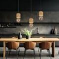 Hängelampe Hängeleuchte Pendelleuchte Esszimmerlampe, 3 Flammig Holzoptik mdf Metall schwarz Retro, E27 Fassungen, DxH 35,5x120cm