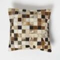 Fellkissen 45 x 45 cm kariert - Patchwork Kissen aus Fell & Leder mehrfarbig-braun - Homescapes