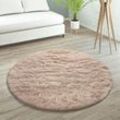 Paco Home Hochflor Teppich Wohnzimmer Fellteppich Kunstfell Shaggy Flauschig Einfarbig Beige, 200 cm Rund