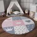 Paco Home - Teppich Kinderzimmer Kinderteppich Kurzflor Rutschfest Herzen Sonne Regenbogen 120 cm Rund, Creme Rosa Grau