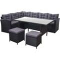 Poly-Rattan-Garnitur HHG 389, Gartengarnitur Sitzgruppe Lounge-Esstisch-Set, schwarz Kissen dunkelgrau, mit 2x Hocker