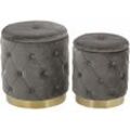 Pouf 2er Set Grau Samtstoff Gesteppt mit Stauraum Goldener Metallring Runde Form Chesterfield Stil Retro Wohnzimmer Schlafzimmer Flur Modern