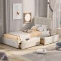 Okwish - Polsterbett 90 x 200 cm Bett mit Lattenrost, Rückenlehne und zwei Schubladen, hautfreundlicher Samtstoff Beige flaches Einzelbett Kinderbett