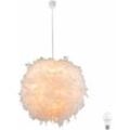 Led Pendelleuchte Hängelampe Leuchte Pendellampe Federlampe Schlafzimmerlampe Wohnzimmer, Textil weiß Federn, 11W 1055lm warmweiß, DxH 60x130 cm