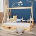 Montessori Kinderbett 200x90cm natur Tipi Spielbett Zeltform Holz bodentief mit Lattenrost