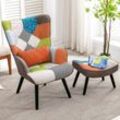 Relaxsessel mit Hocker Patchwork Sessel Ohrensessel Holz Sessel Wohnzimmer, moderner Fernsehsessel Loungesessel Stuhl Patchwork Leinen Massivholzfüße