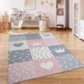 Paco Home - Teppich Kinderzimmer Kinderteppich Kurzflor Rutschfest Herzen Sonne Regenbogen 120x160 cm, Creme Rosa Grau