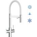 Vizio - 5 Wege Wasserhahn Edelstahl Massiv Kuechenarmatur mit Weiss 360 schwenkbarem Auslauf und abnehmbare 2 strahl Handbrause - Edelstahl Gebuerstet