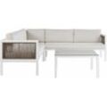 Lounge Set Weiß und Braun Aluminium Flechtseil mit Kissen Beige Couchtisch Sicherheitsglas 4-Sitzer Ecksofa Linksseitig Terrasse Outdoor Modern