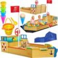 KIDIZ® Sandkasten Ahoi - Piratenschiff Boot Segelschiff aus Holz Inkl. Abdeckung Bodenplane Sitzbank Flaggenmast Sandspielzeug Bunt
