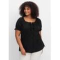 Bluse mit Lochstickerei und Carmen-Ausschnitt, schwarz, Gr.46