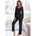 LASCANA Pyjama schwarz Gr. 32/34 für Damen. V-Ausschnitt und Spitze. Bequem