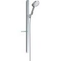 Brausegarnitur HANSGROHE "12cm, 3 Strahlarten wassersparend mit Duschstange 90cm und Ablage", silber (chrom), Messing, Brausegarnituren, Chrom